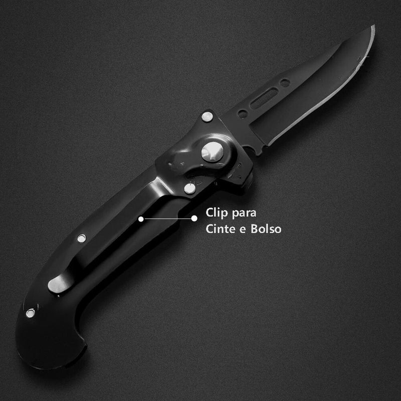 Canivete Combat Cleave Afiadus™ Canivete Automático Com Trava Militar Saque Rápido Aço Inox Preto 15,5 cm Pesca Camping Trilha