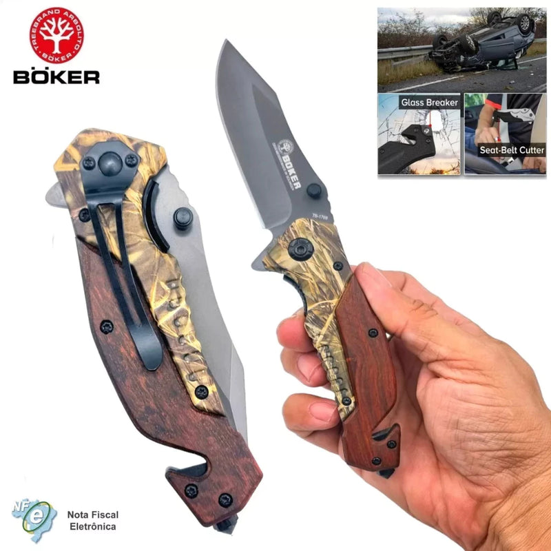 Canivete Madeira Camuflado Boker 1769 Multifuncional Semi Automático C/clip