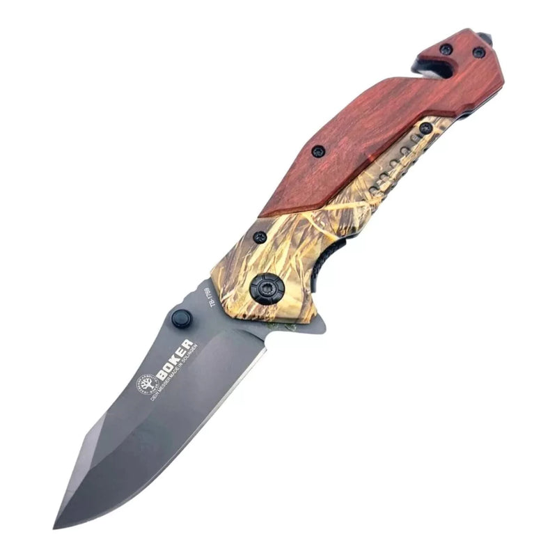 Canivete Madeira Camuflado Boker 1769 Multifuncional Semi Automático C/clip