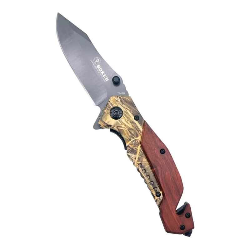 Canivete Madeira Camuflado Boker 1769 Multifuncional Semi Automático C/clip